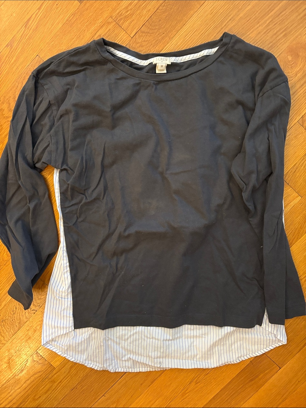 J. Crew Navy Top with Striped Shirttail
